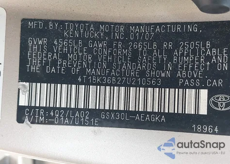 2007 Toyota Avalon Xls из США, поврежденный, VIN 4T1BK36B27U210563